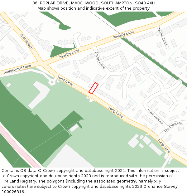 36, POPLAR DRIVE, MARCHWOOD, SOUTHAMPTON, SO40 4XH: Location map and indicative extent of plot