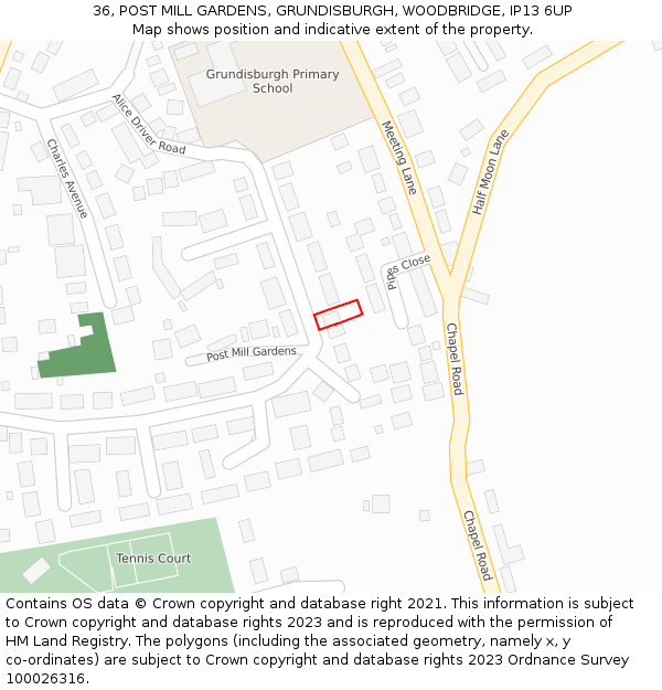 36, POST MILL GARDENS, GRUNDISBURGH, WOODBRIDGE, IP13 6UP: Location map and indicative extent of plot