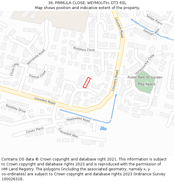 36, PRIMULA CLOSE, WEYMOUTH, DT3 6SL: Location map and indicative extent of plot
