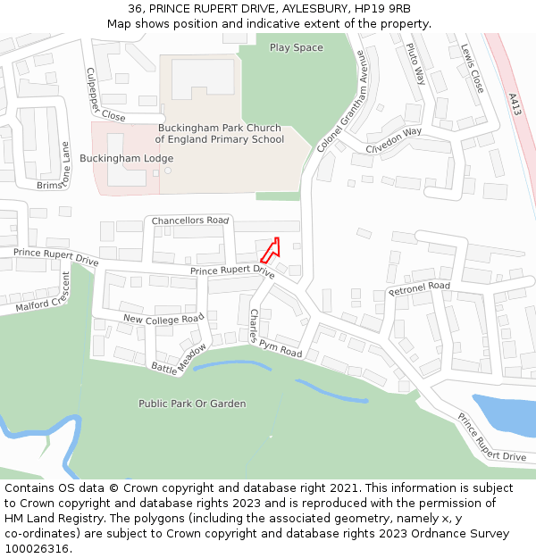 36, PRINCE RUPERT DRIVE, AYLESBURY, HP19 9RB: Location map and indicative extent of plot