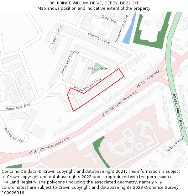 36, PRINCE WILLIAM DRIVE, DERBY, DE22 3XF: Location map and indicative extent of plot