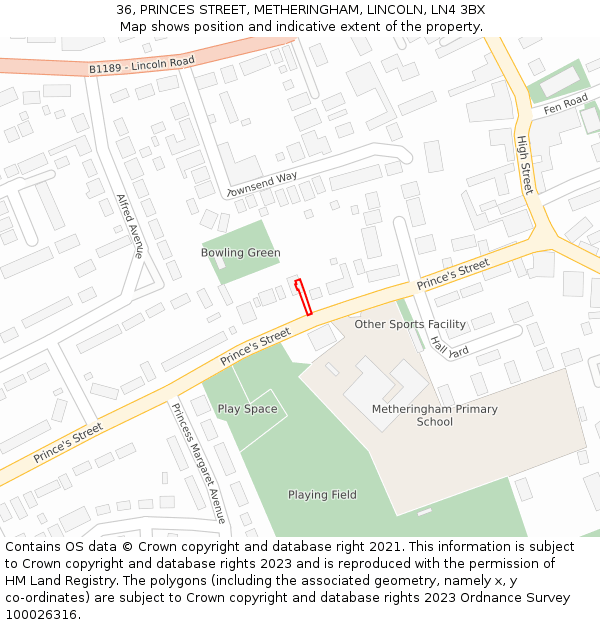 36, PRINCES STREET, METHERINGHAM, LINCOLN, LN4 3BX: Location map and indicative extent of plot