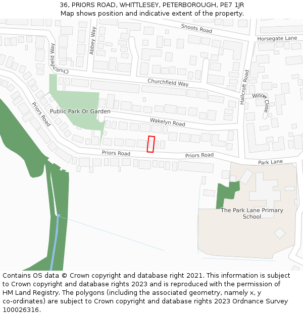 36, PRIORS ROAD, WHITTLESEY, PETERBOROUGH, PE7 1JR: Location map and indicative extent of plot