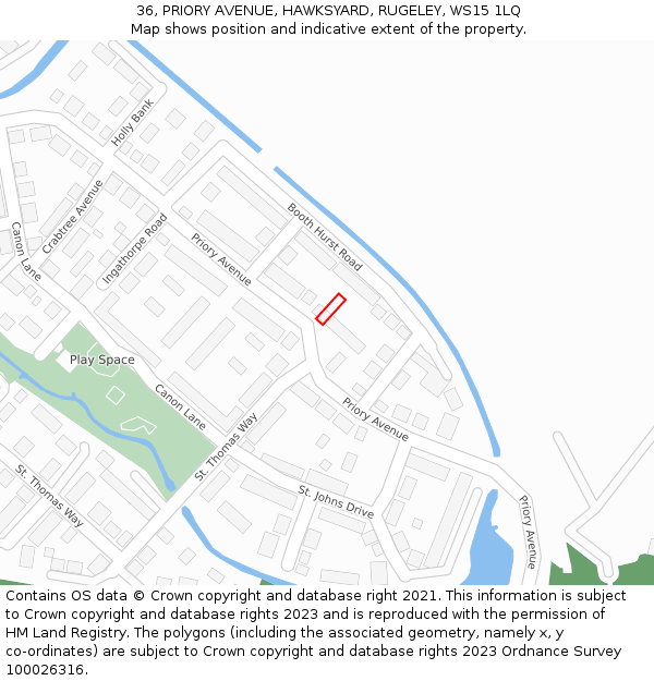 36, PRIORY AVENUE, HAWKSYARD, RUGELEY, WS15 1LQ: Location map and indicative extent of plot