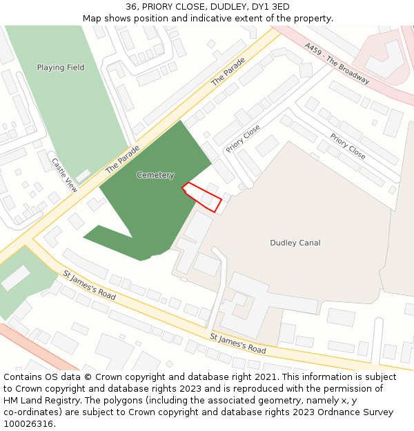 36, PRIORY CLOSE, DUDLEY, DY1 3ED: Location map and indicative extent of plot