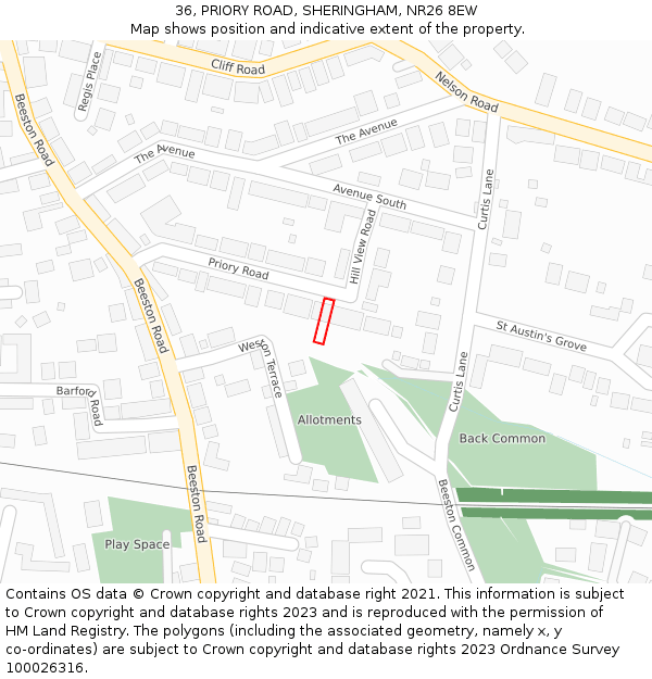 36, PRIORY ROAD, SHERINGHAM, NR26 8EW: Location map and indicative extent of plot