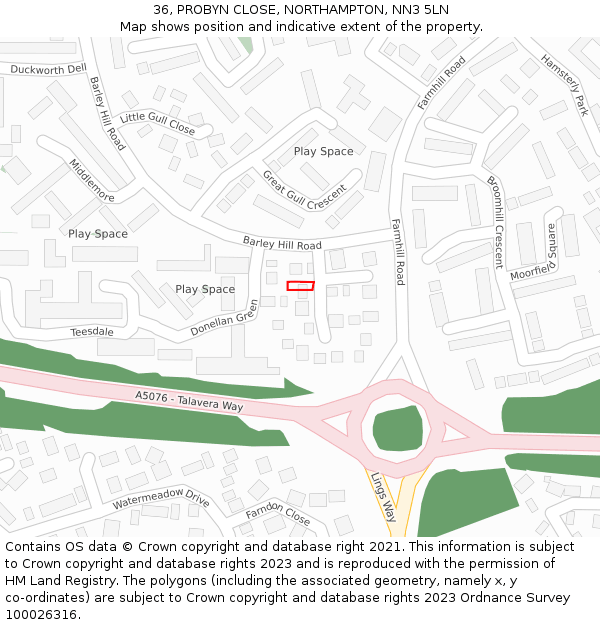 36, PROBYN CLOSE, NORTHAMPTON, NN3 5LN: Location map and indicative extent of plot