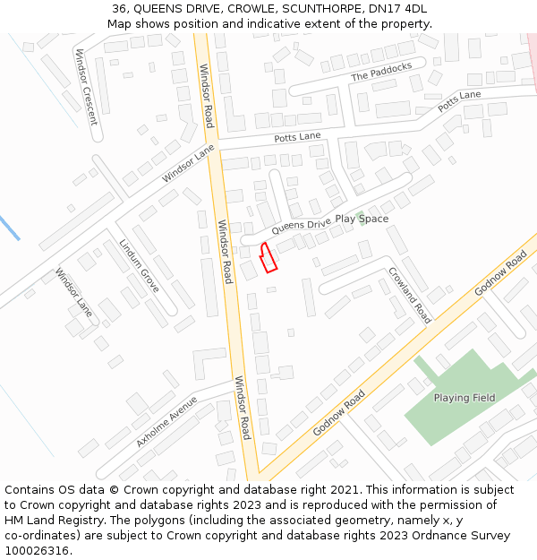 36, QUEENS DRIVE, CROWLE, SCUNTHORPE, DN17 4DL: Location map and indicative extent of plot