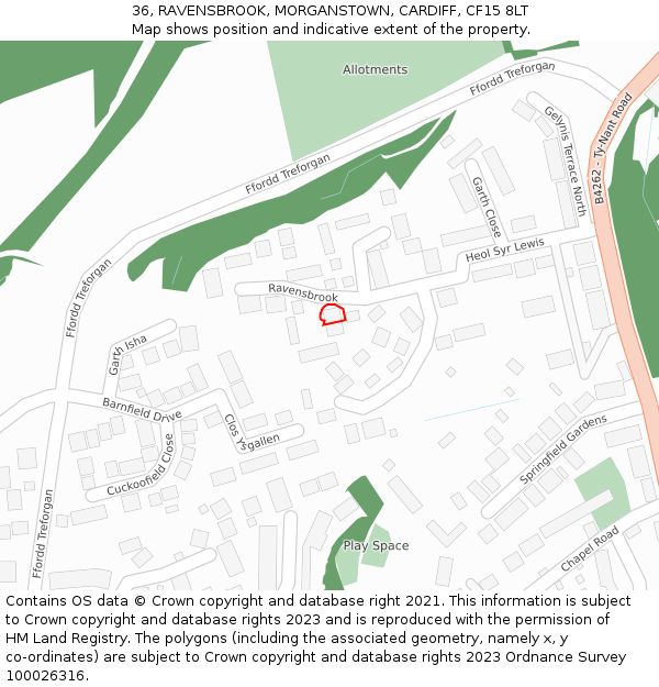 36, RAVENSBROOK, MORGANSTOWN, CARDIFF, CF15 8LT: Location map and indicative extent of plot
