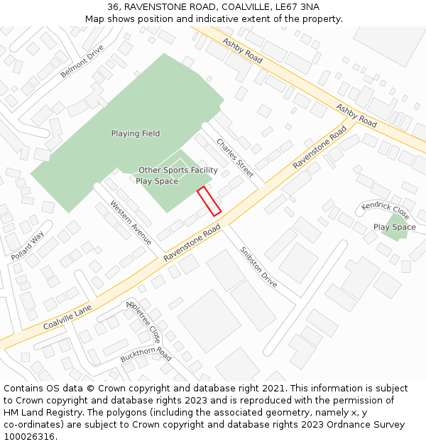 36, RAVENSTONE ROAD, COALVILLE, LE67 3NA: Location map and indicative extent of plot