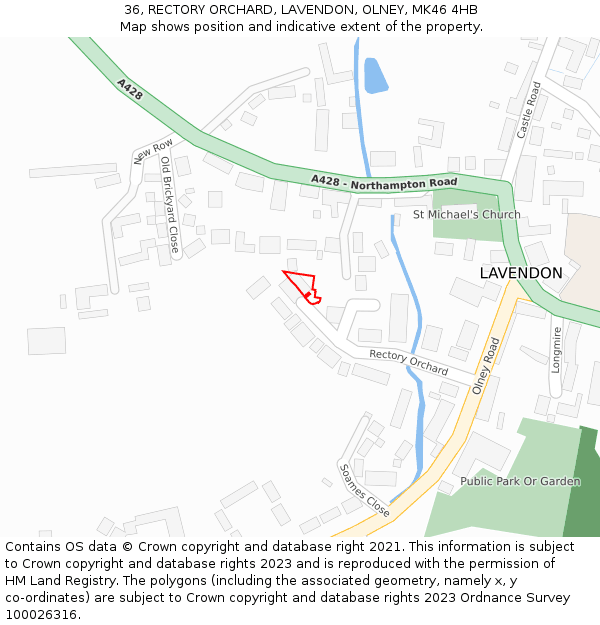 36, RECTORY ORCHARD, LAVENDON, OLNEY, MK46 4HB: Location map and indicative extent of plot