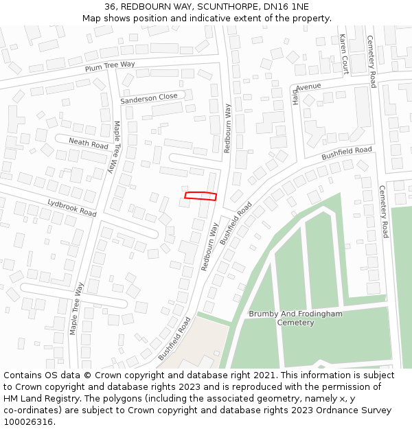 36, REDBOURN WAY, SCUNTHORPE, DN16 1NE: Location map and indicative extent of plot