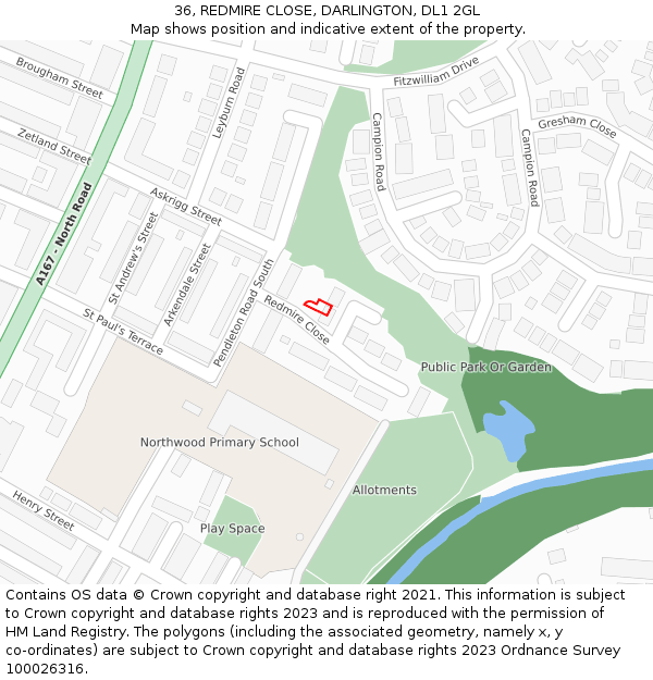 36, REDMIRE CLOSE, DARLINGTON, DL1 2GL: Location map and indicative extent of plot