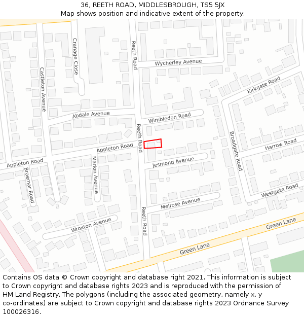 36, REETH ROAD, MIDDLESBROUGH, TS5 5JX: Location map and indicative extent of plot