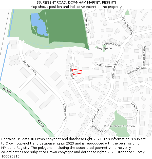 36, REGENT ROAD, DOWNHAM MARKET, PE38 9TJ: Location map and indicative extent of plot