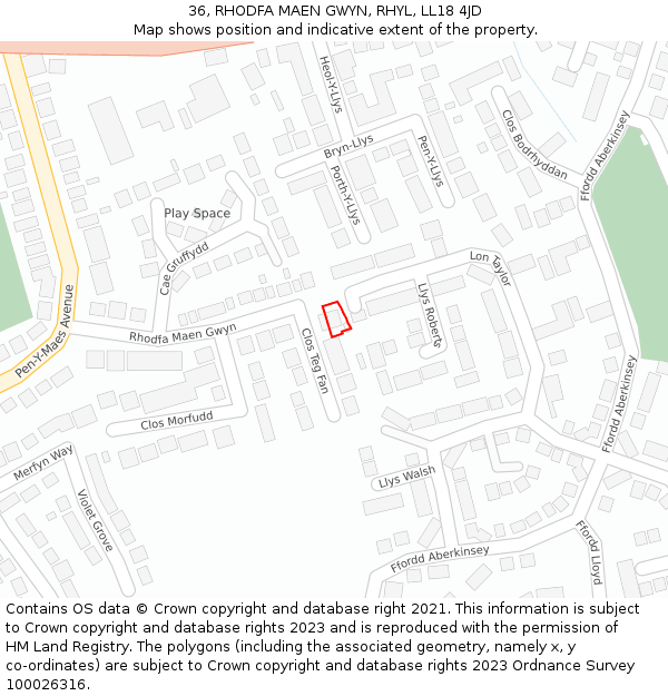 36, RHODFA MAEN GWYN, RHYL, LL18 4JD: Location map and indicative extent of plot