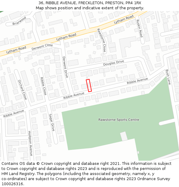 36, RIBBLE AVENUE, FRECKLETON, PRESTON, PR4 1RX: Location map and indicative extent of plot