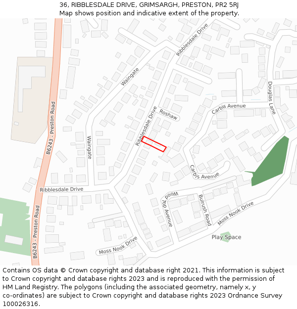 36, RIBBLESDALE DRIVE, GRIMSARGH, PRESTON, PR2 5RJ: Location map and indicative extent of plot