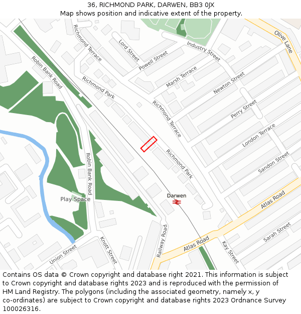 36, RICHMOND PARK, DARWEN, BB3 0JX: Location map and indicative extent of plot