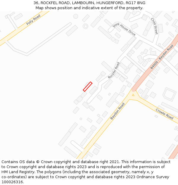 36, ROCKFEL ROAD, LAMBOURN, HUNGERFORD, RG17 8NG: Location map and indicative extent of plot