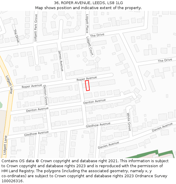 36, ROPER AVENUE, LEEDS, LS8 1LG: Location map and indicative extent of plot