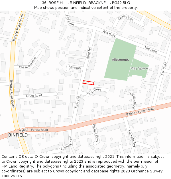 36, ROSE HILL, BINFIELD, BRACKNELL, RG42 5LG: Location map and indicative extent of plot