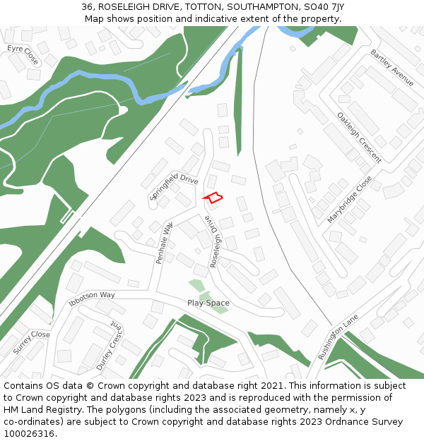 36, ROSELEIGH DRIVE, TOTTON, SOUTHAMPTON, SO40 7JY: Location map and indicative extent of plot