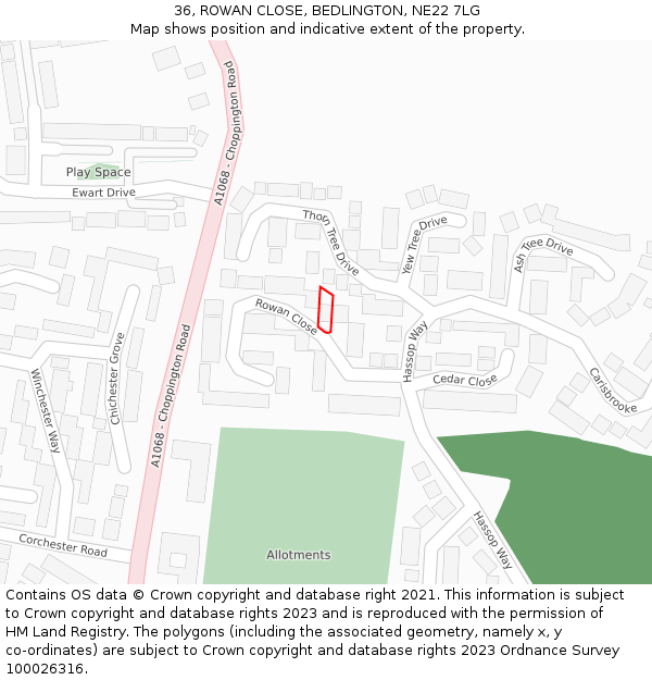 36, ROWAN CLOSE, BEDLINGTON, NE22 7LG: Location map and indicative extent of plot
