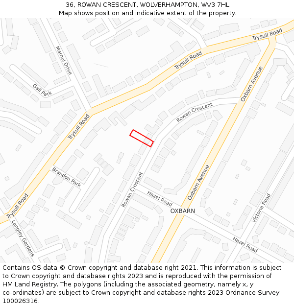 36, ROWAN CRESCENT, WOLVERHAMPTON, WV3 7HL: Location map and indicative extent of plot