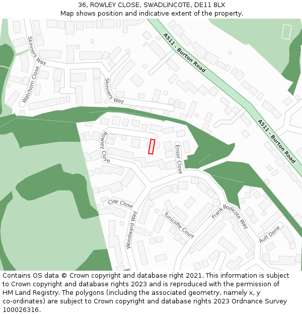 36, ROWLEY CLOSE, SWADLINCOTE, DE11 8LX: Location map and indicative extent of plot