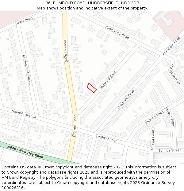 36, RUMBOLD ROAD, HUDDERSFIELD, HD3 3DB: Location map and indicative extent of plot