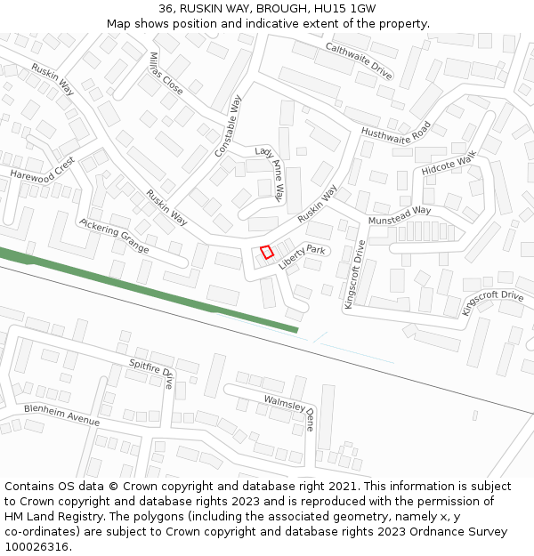 36, RUSKIN WAY, BROUGH, HU15 1GW: Location map and indicative extent of plot