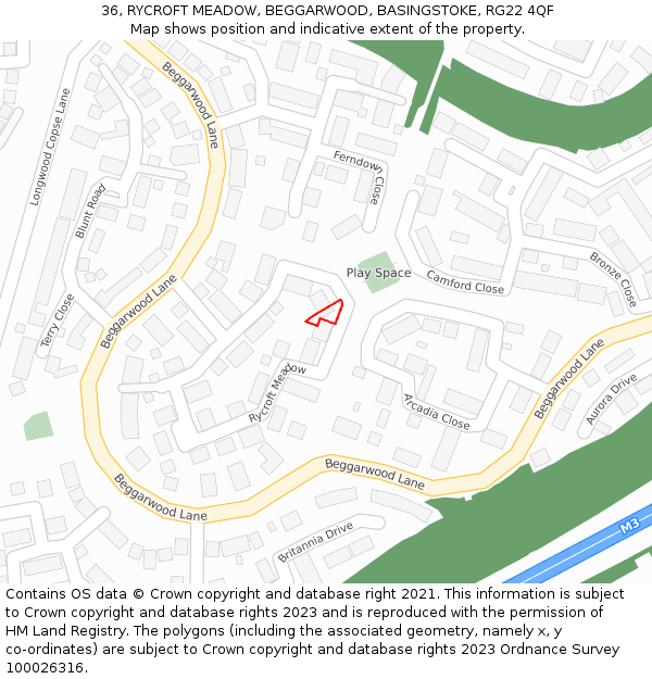 36, RYCROFT MEADOW, BEGGARWOOD, BASINGSTOKE, RG22 4QF: Location map and indicative extent of plot