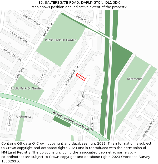 36, SALTERSGATE ROAD, DARLINGTON, DL1 3DX: Location map and indicative extent of plot