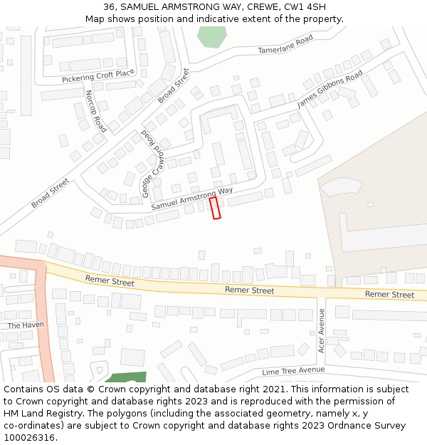 36, SAMUEL ARMSTRONG WAY, CREWE, CW1 4SH: Location map and indicative extent of plot