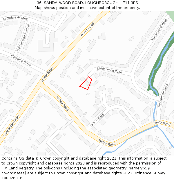 36, SANDALWOOD ROAD, LOUGHBOROUGH, LE11 3PS: Location map and indicative extent of plot