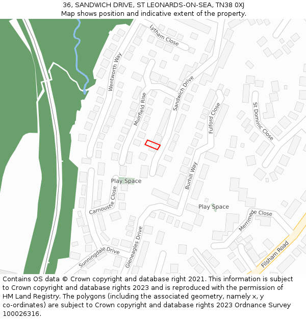 36, SANDWICH DRIVE, ST LEONARDS-ON-SEA, TN38 0XJ: Location map and indicative extent of plot