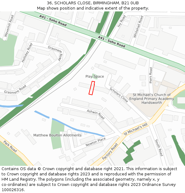 36, SCHOLARS CLOSE, BIRMINGHAM, B21 0UB: Location map and indicative extent of plot