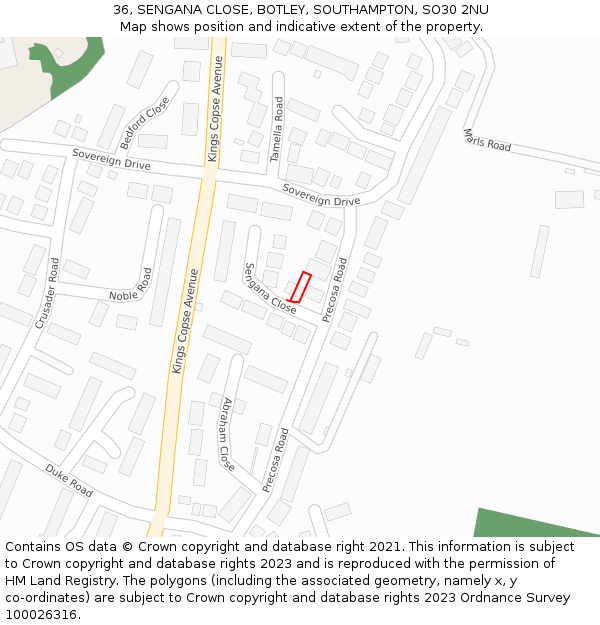 36, SENGANA CLOSE, BOTLEY, SOUTHAMPTON, SO30 2NU: Location map and indicative extent of plot