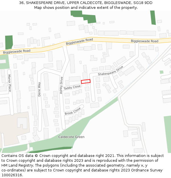 36, SHAKESPEARE DRIVE, UPPER CALDECOTE, BIGGLESWADE, SG18 9DD: Location map and indicative extent of plot