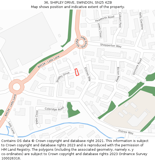 36, SHIPLEY DRIVE, SWINDON, SN25 4ZB: Location map and indicative extent of plot