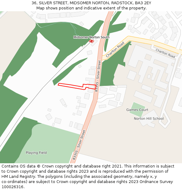 36, SILVER STREET, MIDSOMER NORTON, RADSTOCK, BA3 2EY: Location map and indicative extent of plot