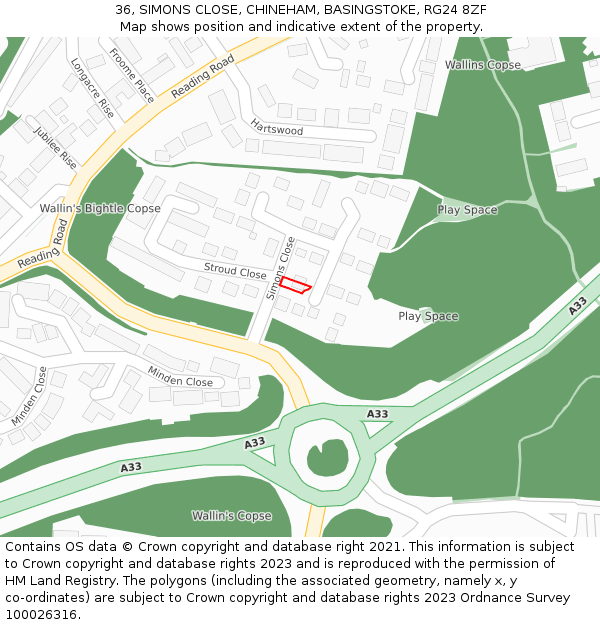 36, SIMONS CLOSE, CHINEHAM, BASINGSTOKE, RG24 8ZF: Location map and indicative extent of plot