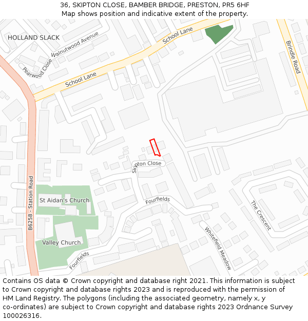 36, SKIPTON CLOSE, BAMBER BRIDGE, PRESTON, PR5 6HF: Location map and indicative extent of plot