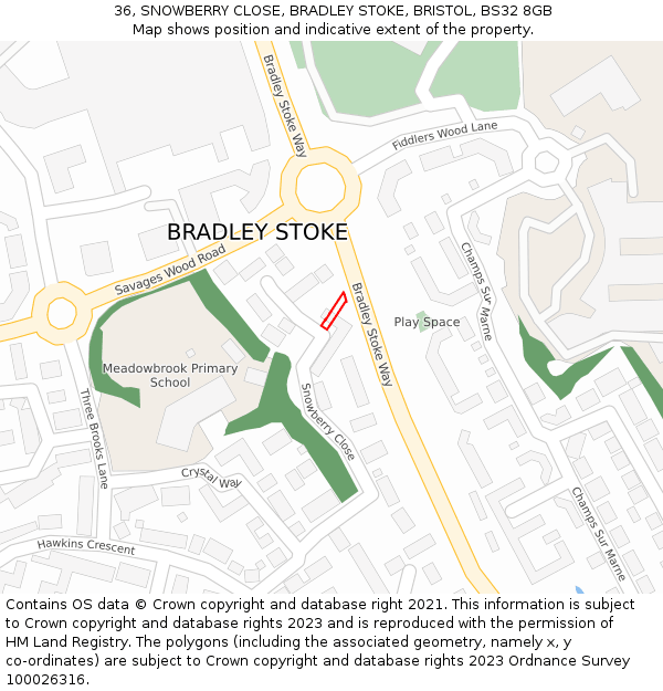 36, SNOWBERRY CLOSE, BRADLEY STOKE, BRISTOL, BS32 8GB: Location map and indicative extent of plot