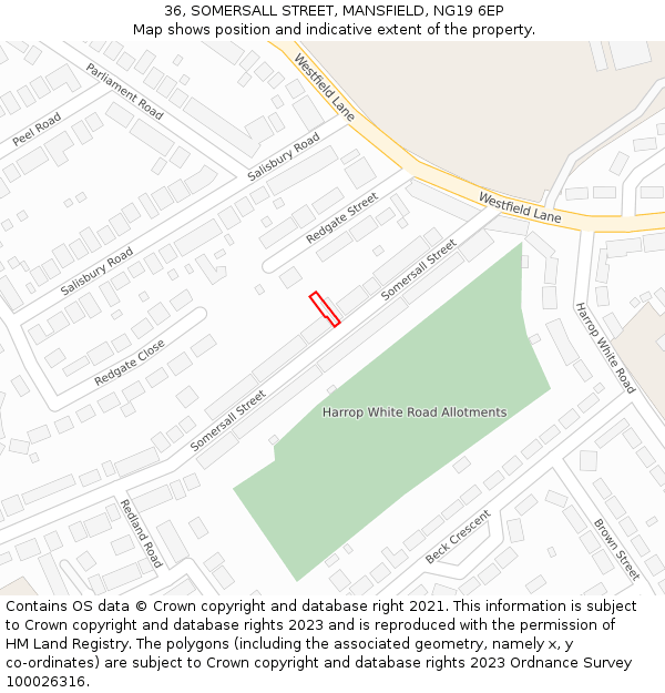36, SOMERSALL STREET, MANSFIELD, NG19 6EP: Location map and indicative extent of plot