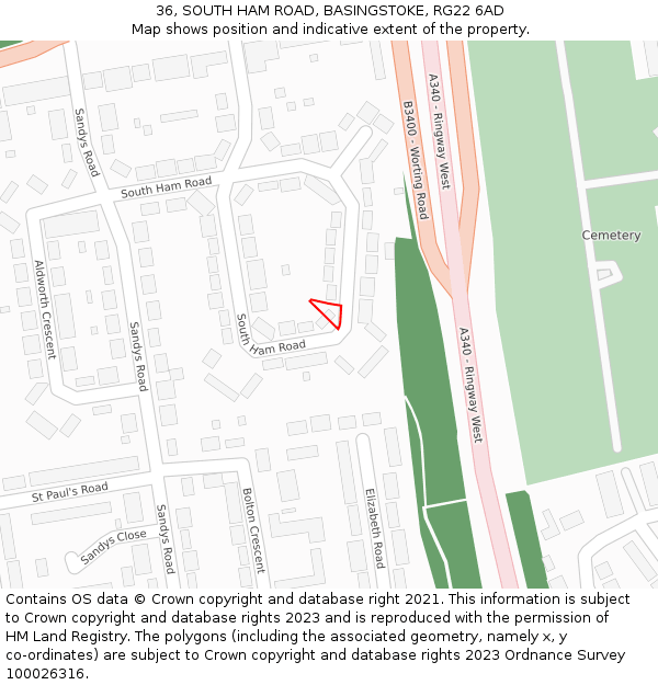 36, SOUTH HAM ROAD, BASINGSTOKE, RG22 6AD: Location map and indicative extent of plot