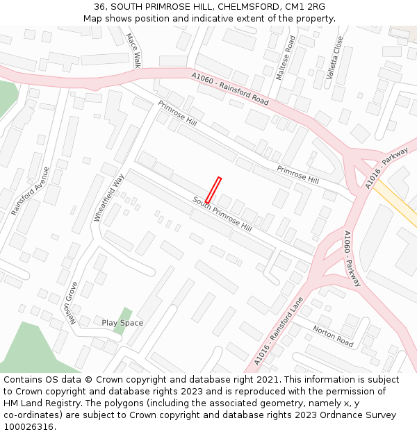 36, SOUTH PRIMROSE HILL, CHELMSFORD, CM1 2RG: Location map and indicative extent of plot