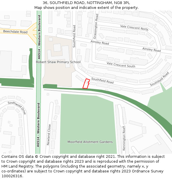 36, SOUTHFIELD ROAD, NOTTINGHAM, NG8 3PL: Location map and indicative extent of plot