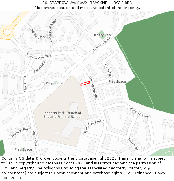 36, SPARROWHAWK WAY, BRACKNELL, RG12 8BN: Location map and indicative extent of plot